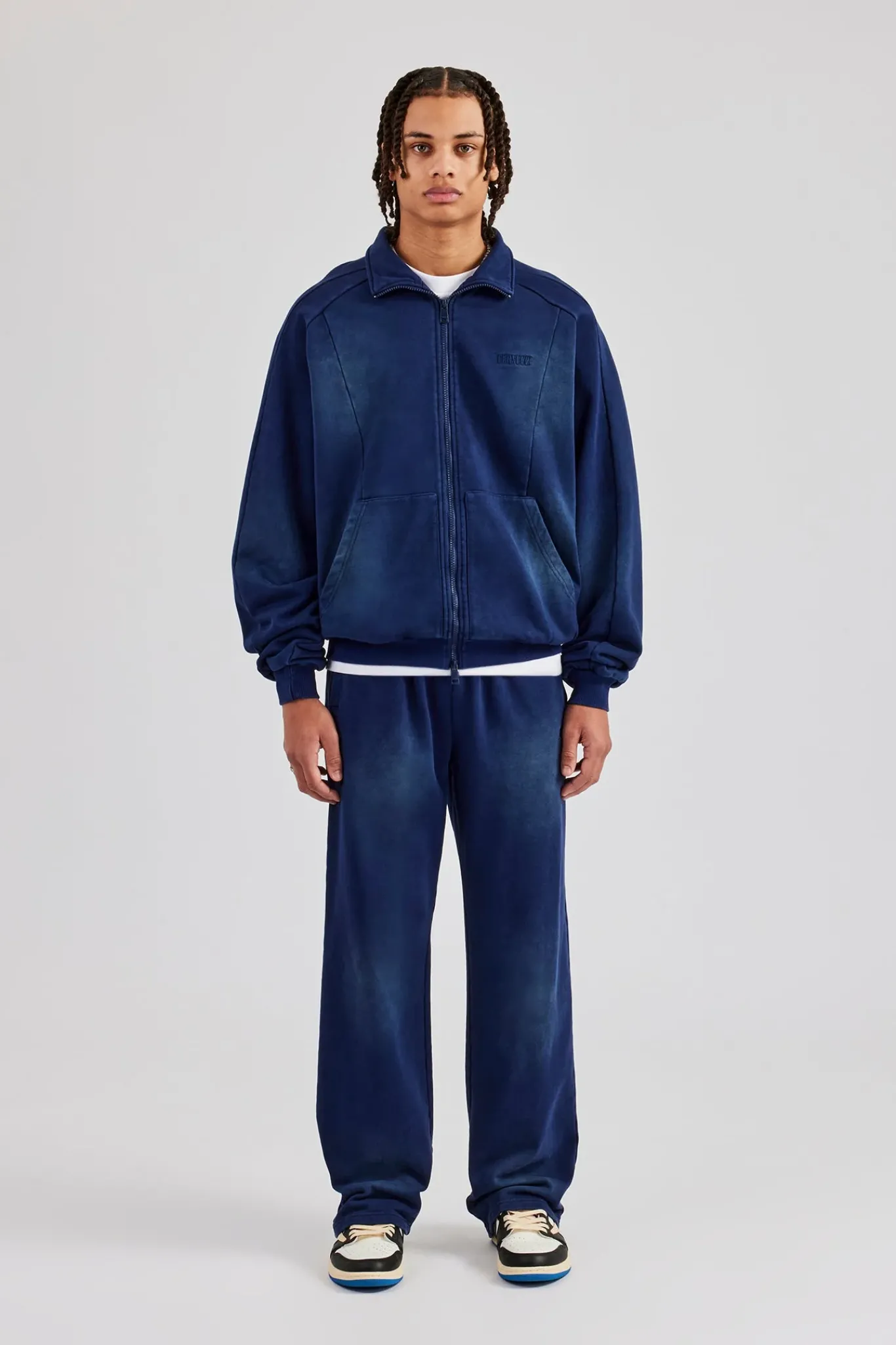 CLO-TOP-HS-HOOD Washed Raglan Seam Detail Zip Through Hoodie - Navy Blue