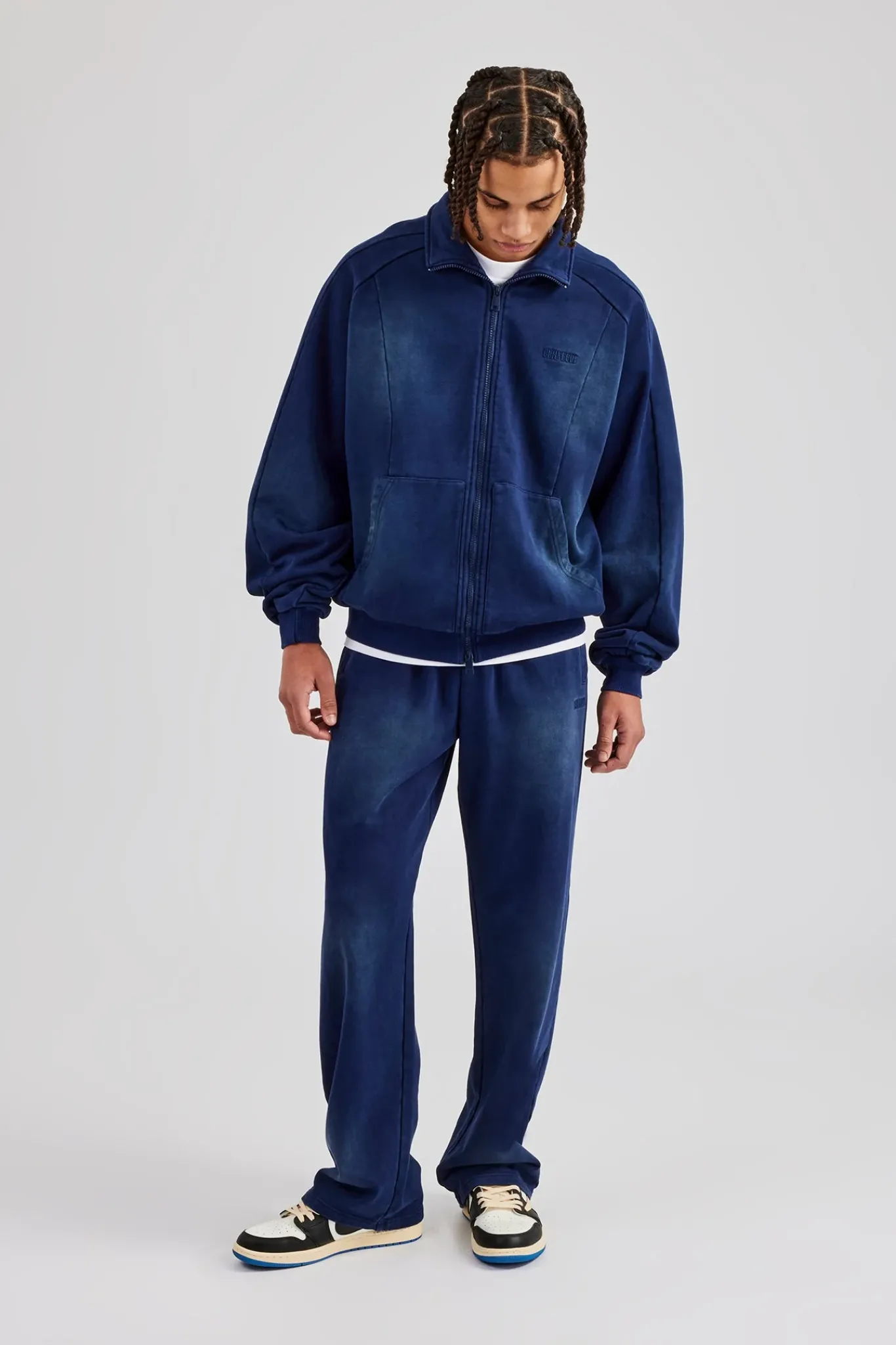 CLO-TOP-HS-HOOD Washed Raglan Seam Detail Zip Through Hoodie - Navy Blue
