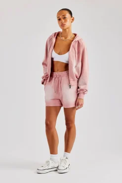 Women CLO-SET Washed Raglan Zip Through Hoodie & Short - Pink