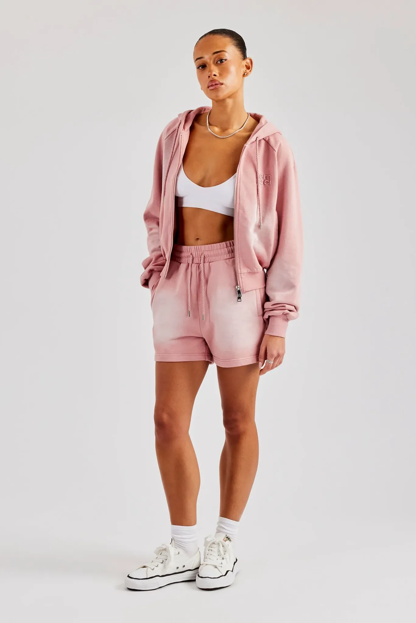 Women CLO-SET Washed Raglan Zip Through Hoodie & Short - Pink