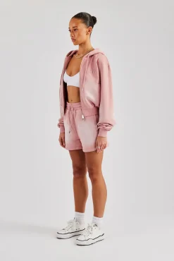 Women CLO-SET Washed Raglan Zip Through Hoodie & Short - Pink