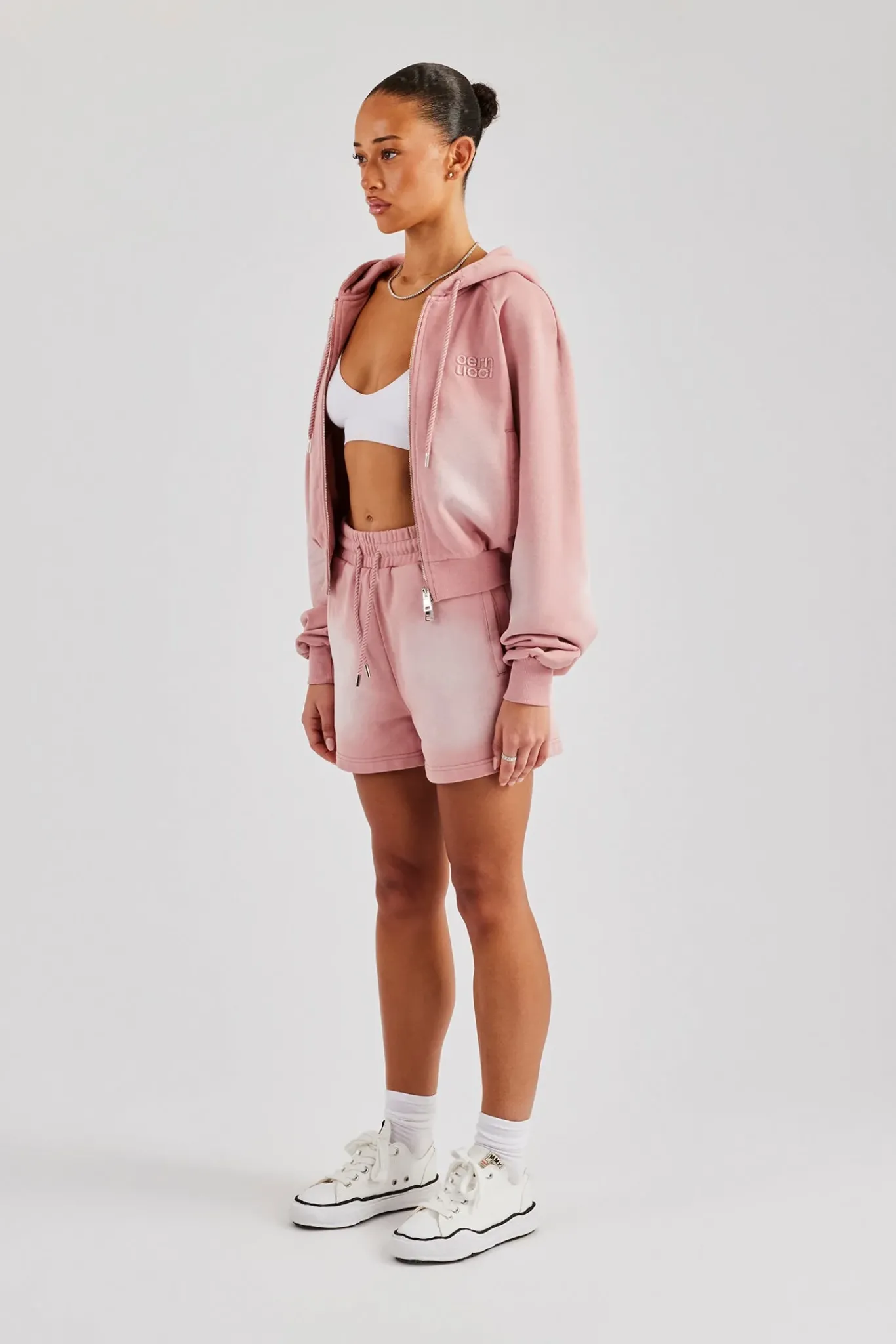 Women CLO-SET Washed Raglan Zip Through Hoodie & Short - Pink