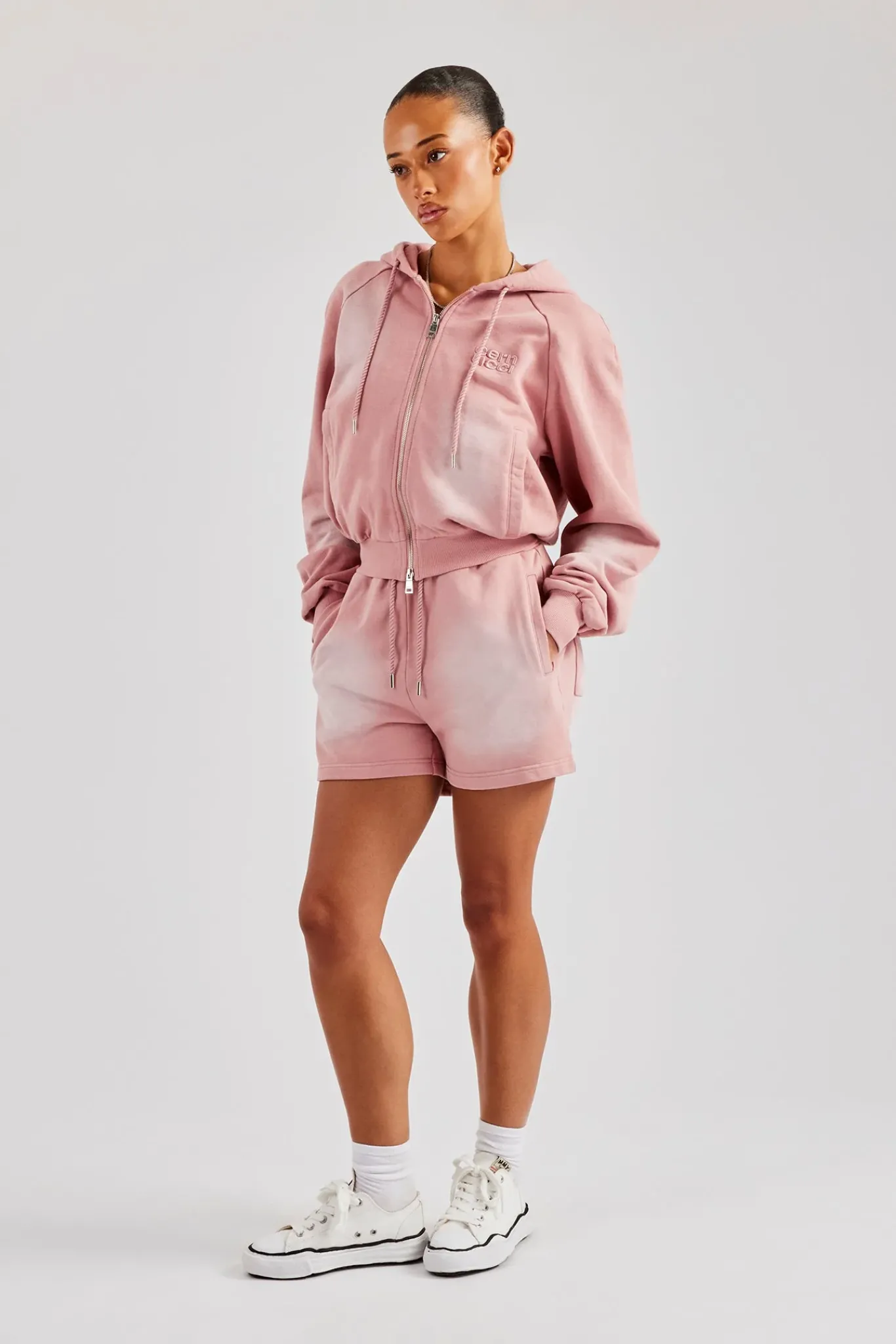 Women CLO-SET Washed Raglan Zip Through Hoodie & Short - Pink