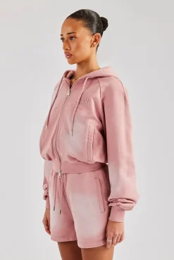 Women CLO-TOP-HS-HOOD Washed Raglan Zip Through Hoodie - Pink