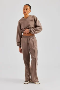 Women CLO-BOT-TRO Washed Seam Detail Wide Leg Joggers - Mauve