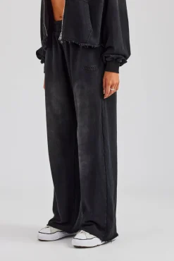 Women CLO-BOT-TRO Washed Wide Leg Jogger - Black