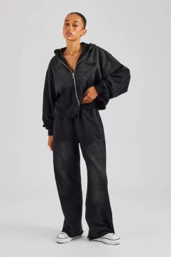 Women CLO-BOT-TRO Washed Wide Leg Jogger - Black