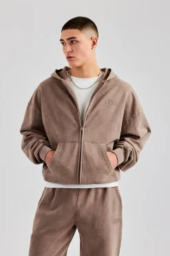 CLO-TOP-HS-HOOD Washed Zip Through Hoodie - Taupe