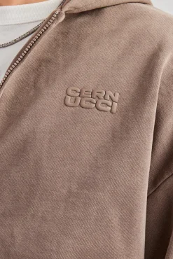 CLO-TOP-HS-HOOD Washed Zip Through Hoodie - Taupe