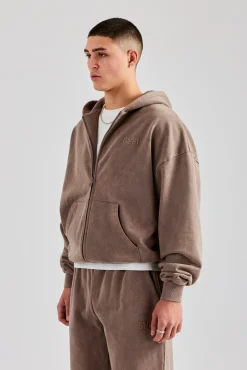 CLO-TOP-HS-HOOD Washed Zip Through Hoodie - Taupe