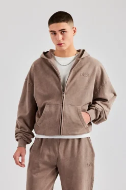 CLO-TOP-HS-HOOD Washed Zip Through Hoodie - Taupe