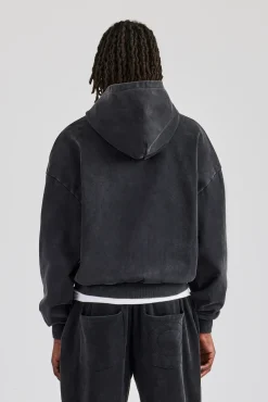 CLO-TOP-HS-HOOD Washed Zip Through Hoodie - Black