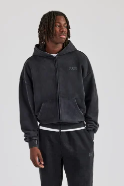 CLO-TOP-HS-HOOD Washed Zip Through Hoodie - Black
