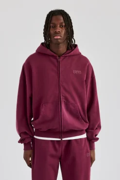 CLO-TOP-HS-HOOD Washed Zip Through Hoodie - Burgundy
