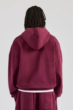 CLO-TOP-HS-HOOD Washed Zip Through Hoodie - Burgundy