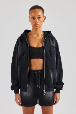 Women CLO-TOP-HS-HOOD Washed Zip Through Panel Hoodie - Black