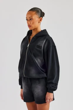 Women CLO-TOP-HS-HOOD Washed Zip Through Panel Hoodie - Black
