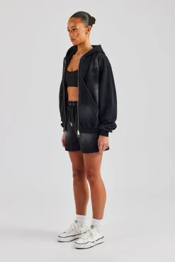 Women CLO-SET Washed Zip Through Panel Hoodie & Short - Black