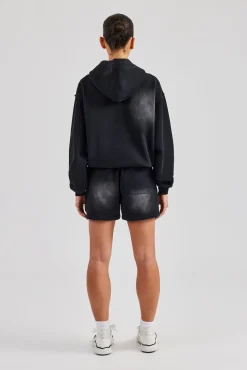 Women CLO-SET Washed Zip Through Panel Hoodie & Short - Black