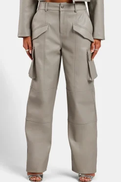 Women CLO-BOT-TRO Wide Leg Faux Leather Cargo Trouser - Beige