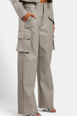 Women CLO-BOT-TRO Wide Leg Faux Leather Cargo Trouser - Beige