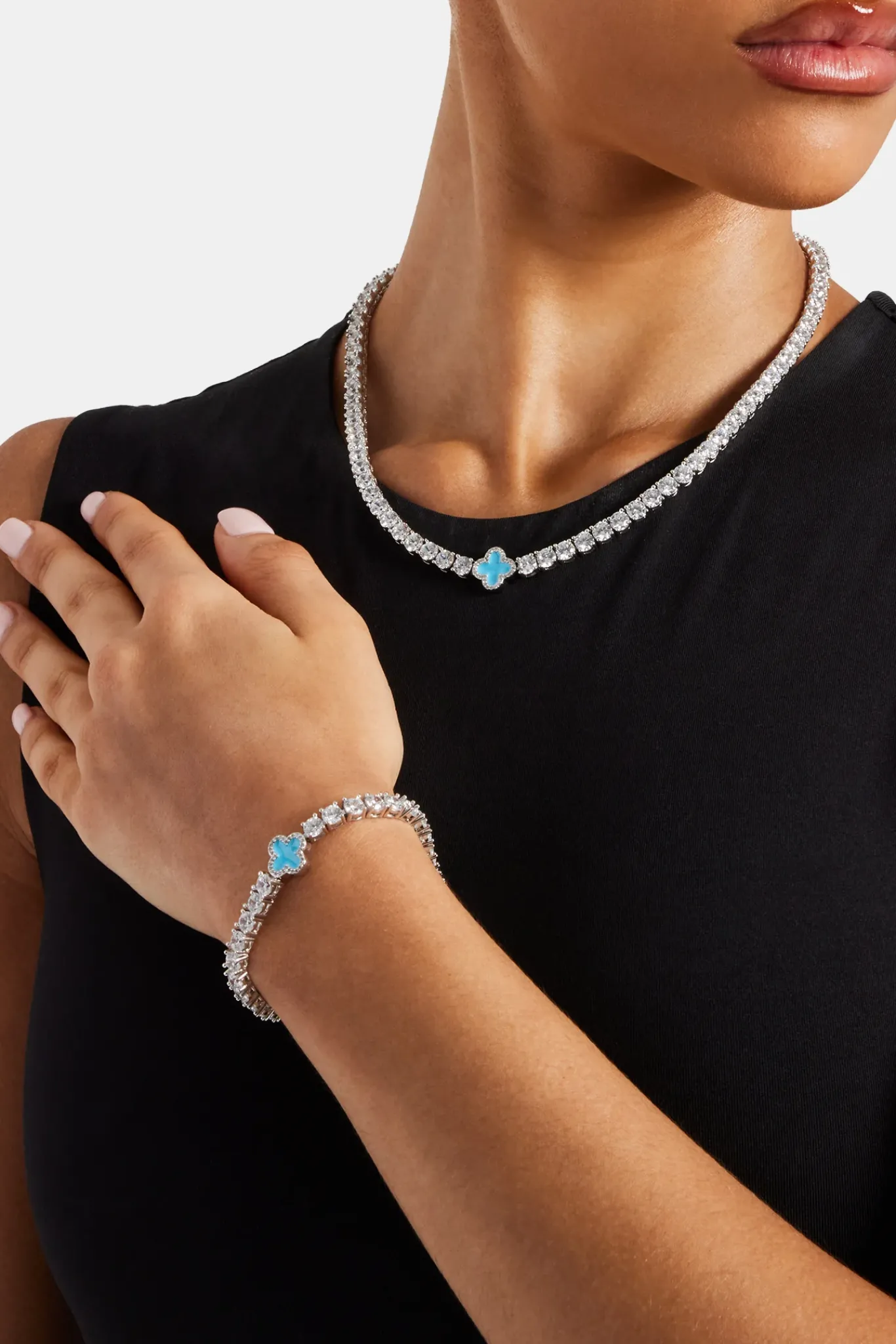 Women JWL-BUND Womens Baby Blue Motif Tennis Chain + Bracelet