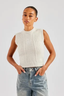 Women CLO-TOP-HS-SWE-KTW Womens Cable Knit Vest - Off White