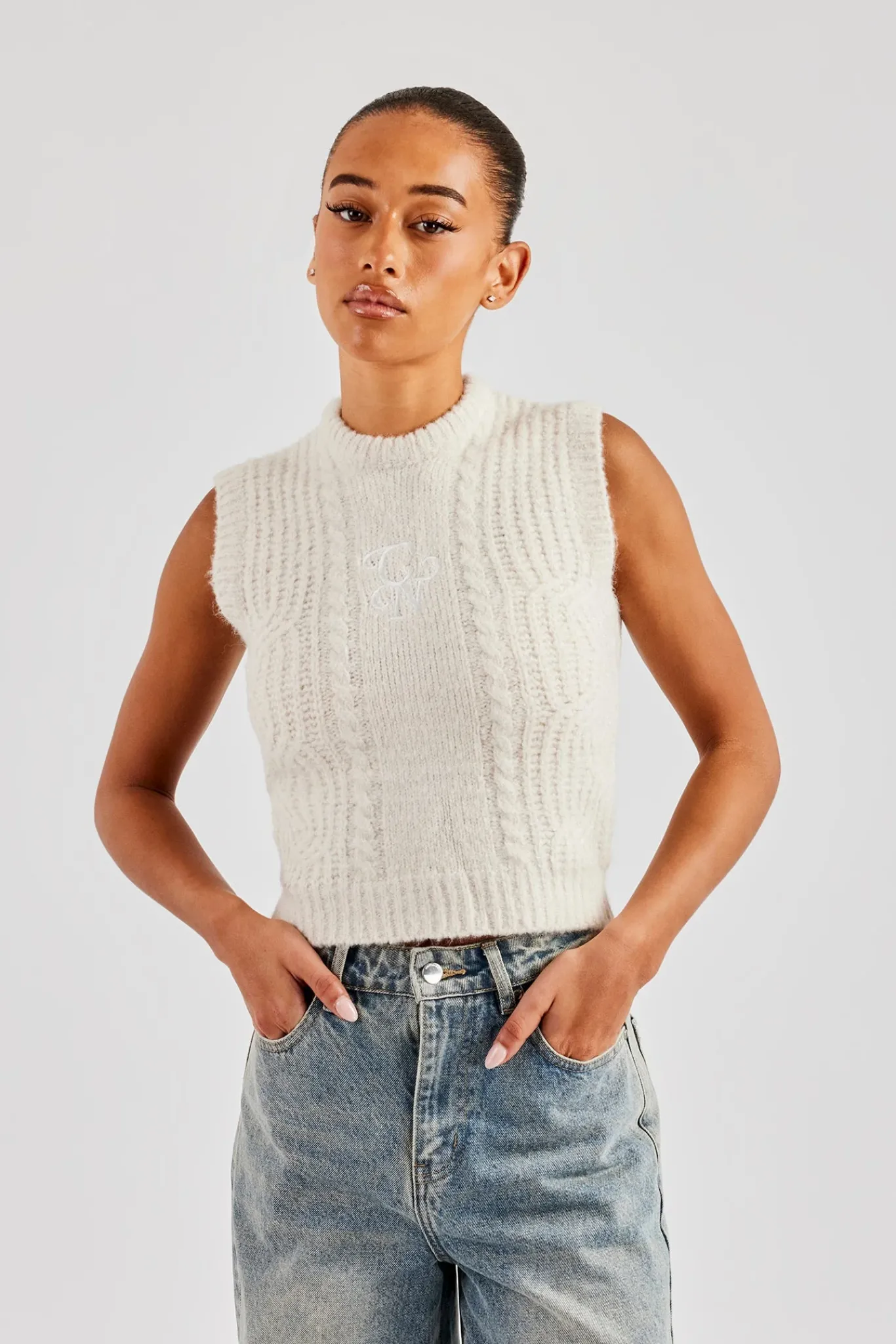 Women CLO-TOP-HS-SWE-KTW Womens Cable Knit Vest - Off White