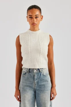 Women CLO-TOP-HS-SWE-KTW Womens Cable Knit Vest - Off White