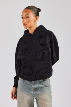 Women CLO-TOP-HS-HOOD Womens Distressed Applique Hoodie  - Black