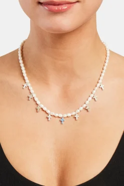 Women JWL-NECK-PRL Womens Freshwater Pearl & Multi Colour Ice Cross Necklace - White