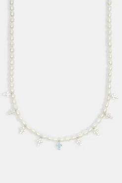 Women JWL-NECK-PRL Womens Freshwater Pearl & Multi Colour Ice Cross Necklace - White