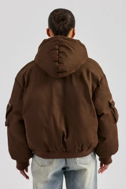 Women CLO-TOP-OUT Womens Twill Utility Cargo Bomber Jacket - Chocolate