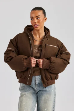 Women CLO-TOP-OUT Womens Twill Utility Cargo Bomber Jacket - Chocolate