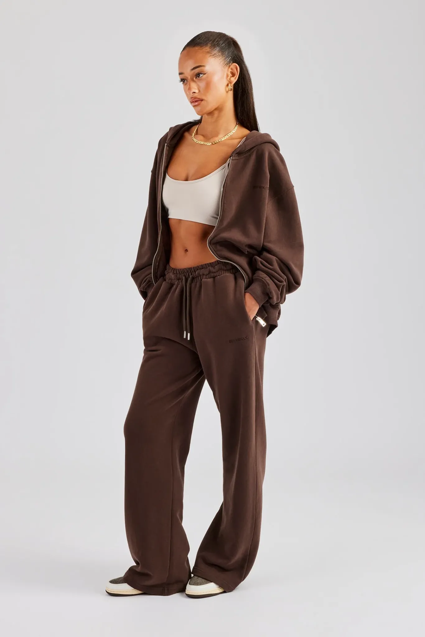 Women CLO-SET Womens Zip Through Hoodie and Jogger Set - Chocolate