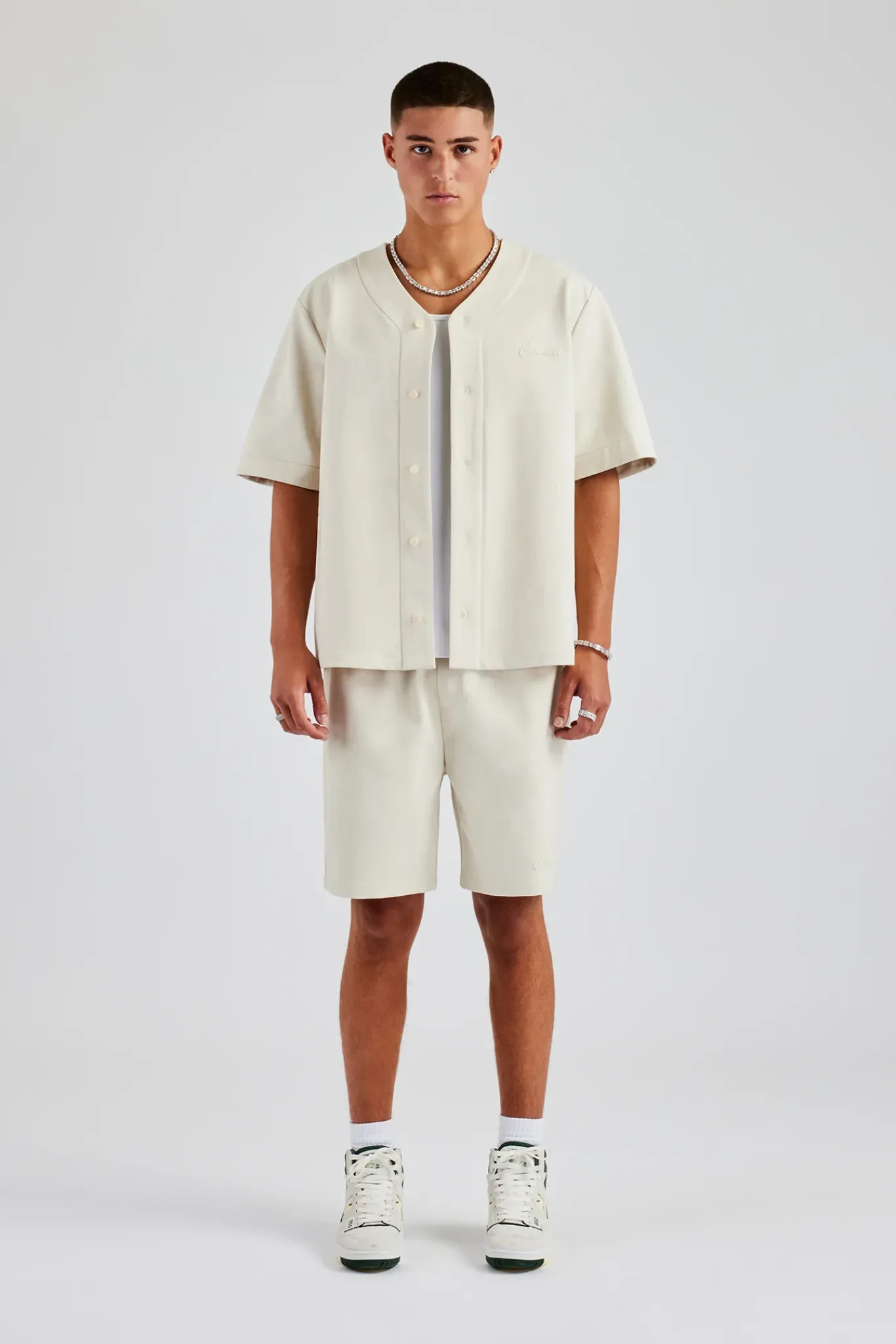 CLO-SET Woven Embroidered Baseball Shirt & Short Set