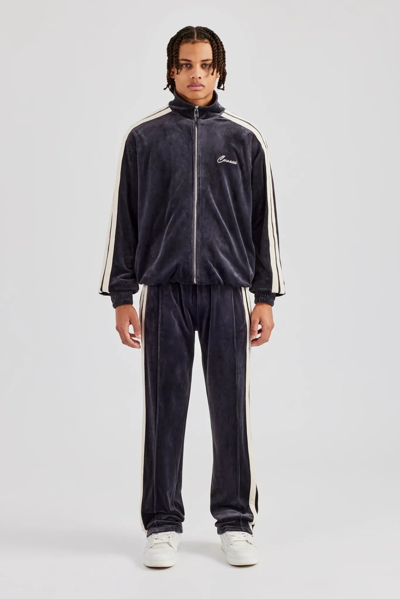 CLO-SET Zip Through Taping Velour Tracksuit - Charcoal
