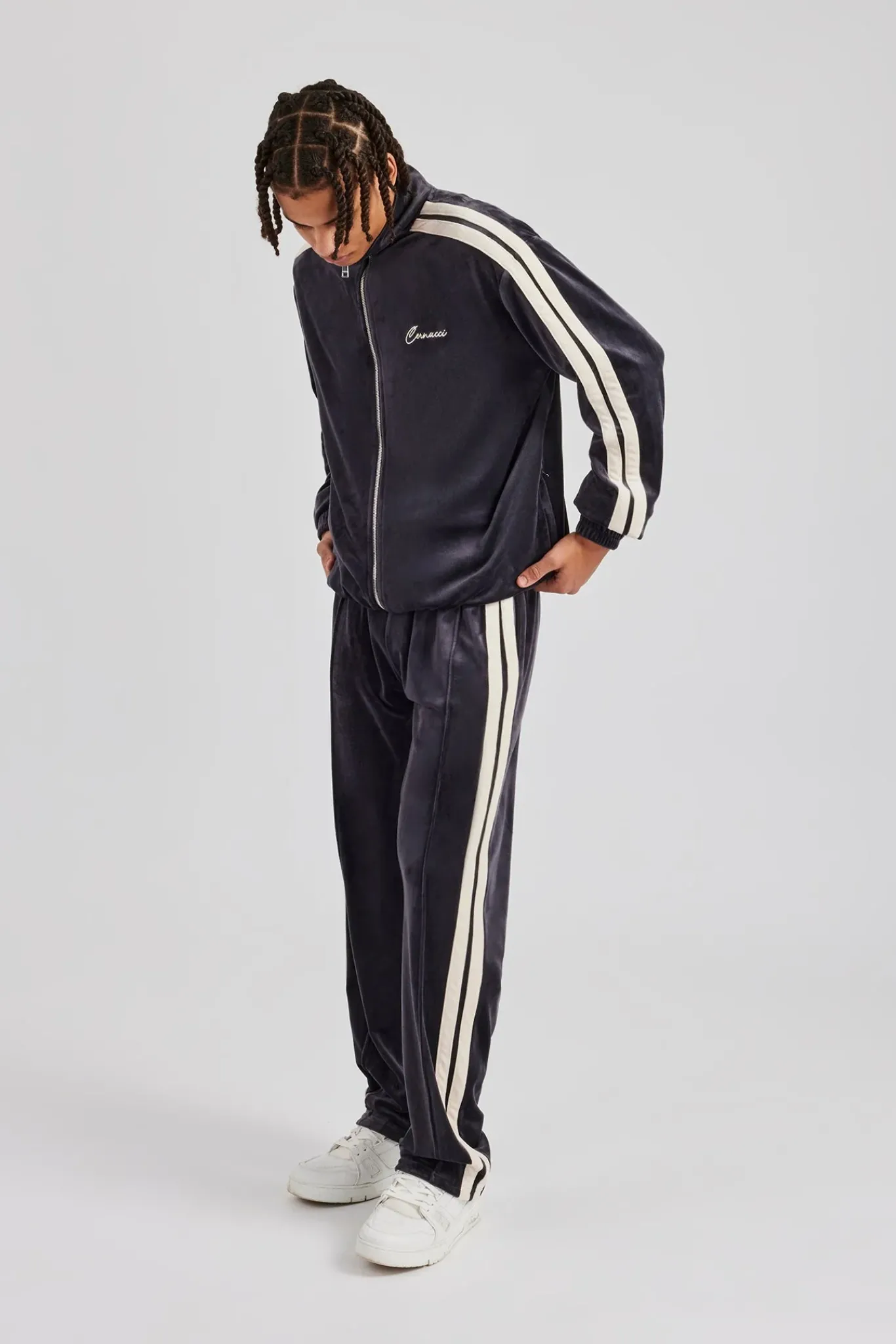 CLO-SET Zip Through Taping Velour Tracksuit - Charcoal