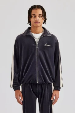 CLO-TOP-OUT Zip Through Taping Velour Track Jacket - Charcoal