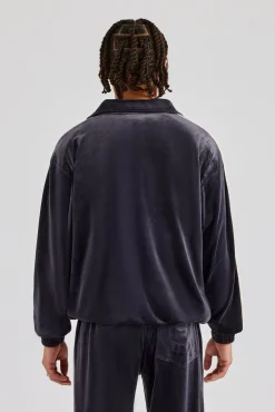 CLO-TOP-OUT Zip Through Taping Velour Track Jacket - Charcoal