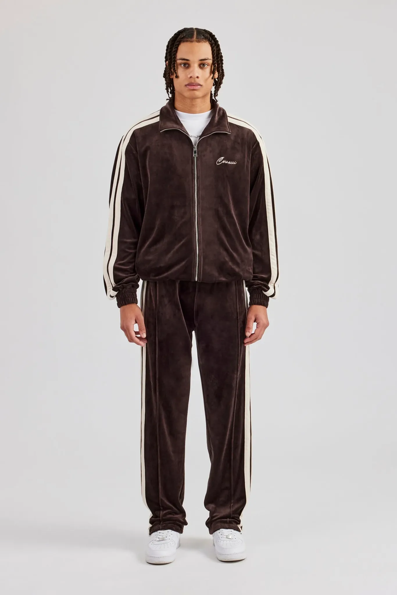 CLO-SET Zip Through Taping Velour Tracksuit - Chocolate
