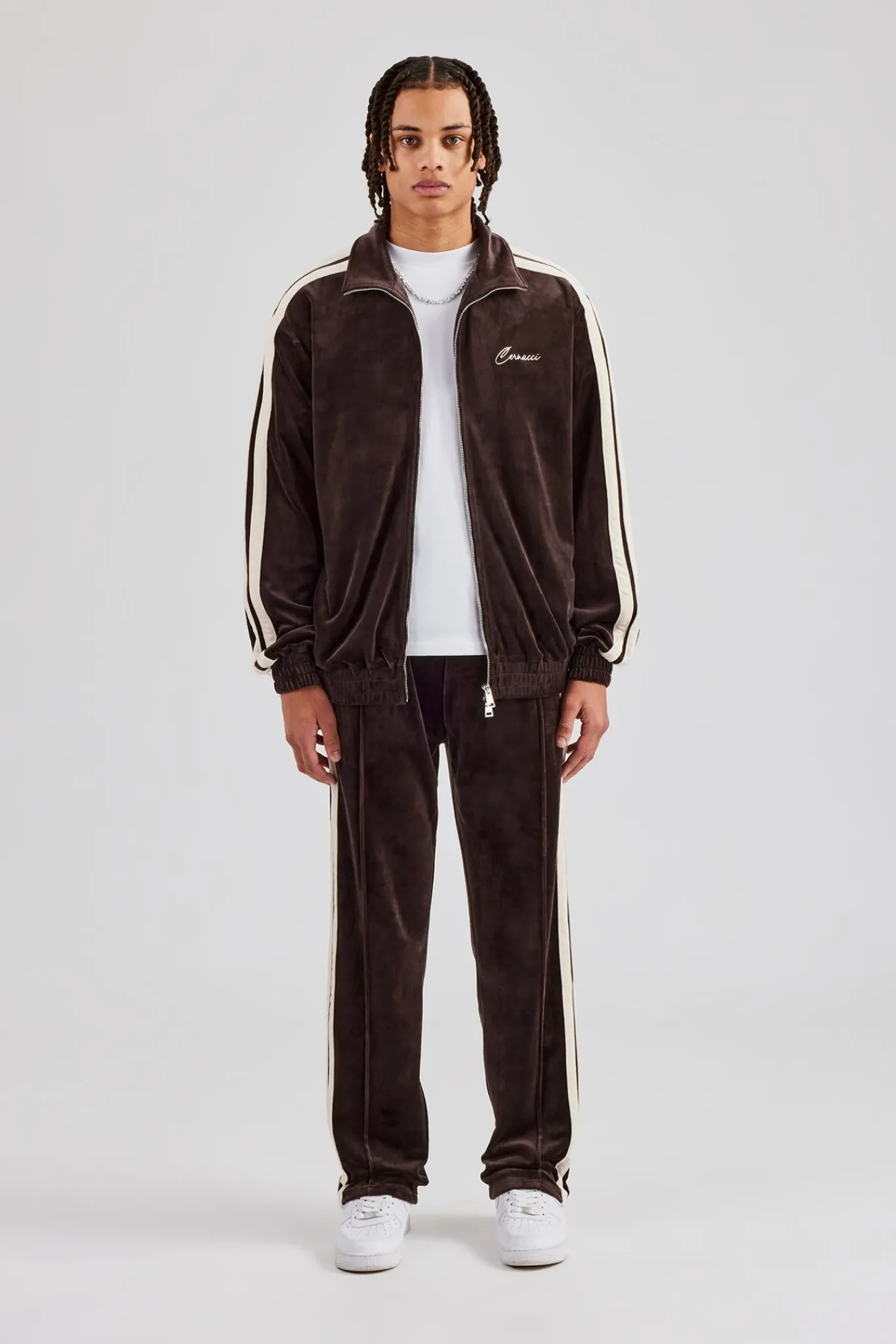 CLO-SET Zip Through Taping Velour Tracksuit - Chocolate